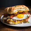 Breakfast sandwich packed with eggs, bacon.