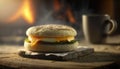 Breakfast Sandwich On Stone, Blurred Background, Rustic Pub Stone Oven. Generative AI