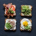 Breakfast sandwiches - avocado puree, fried egg, tomatoes, bacon, cream cheese, smoked mackerel grilled whole grain bread sandwich Royalty Free Stock Photo