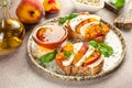 Breakfast sandwiches bread toast, bruschetta with grilled peaches and cheese. Healthy appetizer or snack. Food recipe Royalty Free Stock Photo