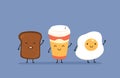 Breakfast say hello. Cute kawaii fried egg, bread toast and mug of coffee. Delicious morning food vector card