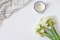Breakfast scene with mug of milk, tea towel and bouquet of narcissus, daffodil flowers on white table background. Spring Royalty Free Stock Photo