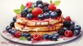 breakfast scene with pancakes, syrup, and berries on a pristine white background