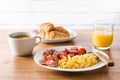 Breakfast with scrambled eggs, bacon, tomatoes,coffee,orange juice and croissant Royalty Free Stock Photo