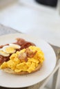 Breakfast With Scrambled Eggs, Fried Potatoes Bacon And Shrimp