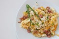 Breakfast - scrambled eggs with grabs and chives Royalty Free Stock Photo
