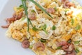 Breakfast - scrambled eggs with grabs and chives Royalty Free Stock Photo