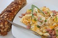 Breakfast - scrambled eggs with grabs and chives Royalty Free Stock Photo