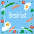 breakfast scrambled eggs sausages broccoli tomatoes green onions Royalty Free Stock Photo