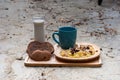Breakfast with scrambled eggs, toasts, milk and coffee Royalty Free Stock Photo