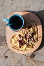 Breakfast with scrambled eggs, toasts, milk and coffee Royalty Free Stock Photo