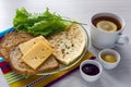 Breakfast with scrambled eggs on a transparent plate toast Royalty Free Stock Photo