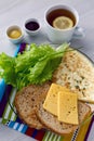 Breakfast with scrambled eggs on a transparent plate toast Royalty Free Stock Photo