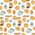 Breakfast seamless pattern with cappuccino, cups, coffee pot, milk, croissant, eggs, bread, avocado and abstract shapes. Royalty Free Stock Photo