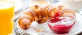 Breakfast served with coffee, orange juice, croissants, cereals and fruits. Balanced diet Royalty Free Stock Photo