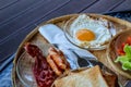 Breakfast served with coffee, orange juice, croissants, cereals and fruits. Balanced diet. - Image Royalty Free Stock Photo