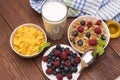 Breakfast served with orange juice, croissants, cereals and fruits. Balanced diet. Royalty Free Stock Photo