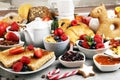 Breakfast served with coffee, orange juice, croissants, cereals and fruits. Balanced diet. Continental breakfast on christmas Royalty Free Stock Photo