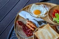 Breakfast served with coffee, orange juice, croissants, cereals and fruits. Balanced diet. - Image Royalty Free Stock Photo