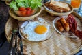 Breakfast served with coffee, orange juice, croissants, cereals and fruits. Balanced diet. - Image Royalty Free Stock Photo