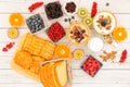 Breakfast Served in the morning with Butter bread and corn flakes Whole grains and raisins with milk in cups and Strawberry, Blueb Royalty Free Stock Photo