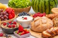 Breakfast Served in the morning with Butter croissant and corn flakes Whole grains and raisins with milk in cups and Strawberry, Royalty Free Stock Photo