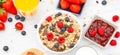 Breakfast Served in the morning with Butter croissant and corn flakes Whole grains and raisins with milk in cups and Strawberry,