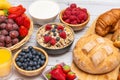 Breakfast Served in the morning with Butter croissant and corn flakes Whole grains and raisins with milk in cups and Strawberry,