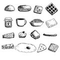 Breakfast set of cliparts, vector illustration, buns, sandwiches, sweets, coffee, scrambled eggs, sausage and porridge, hand Royalty Free Stock Photo