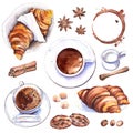 Breakfast set of coffee cups, milk and croissants bakery.