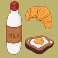 Breakfast. A set of food items. Milk, croissant and egg sandwich