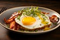 Breakfast set, fried egg, vegetable, herbs and bacon. On the table.