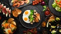 Breakfast set. Fried Egg with Vegetables and Fresh Salad. Top view. Royalty Free Stock Photo