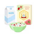 Breakfast set - milk, cereal, berries. Healthy food in flat style. Royalty Free Stock Photo