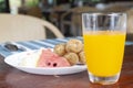 Breakfast set, orange juice and fruit Royalty Free Stock Photo