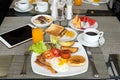 Breakfast set on the table with pancakes, bacon Royalty Free Stock Photo