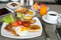 Breakfast set on the table with pancakes, bacon Royalty Free Stock Photo