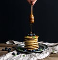 Breakfast set. Thin crepes with red caviar on Royalty Free Stock Photo