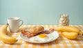Breakfast with Sunny-Side-Up Egg, Bacon, Bagel, and Bananas. Generative AI Royalty Free Stock Photo