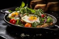 Breakfast skillet with fried eggs, tomatoes, and greens, ready to serve on a wooden table