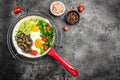 Breakfast skillet pan of fried egg, avocado and mushrooms. Ketogenic diet. Low carb high fat breakfast. Healthy food concept. Royalty Free Stock Photo