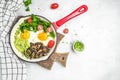 Breakfast skillet pan of fried egg, avocado and mushrooms. Ketogenic diet. Low carb high fat breakfast. Healthy food concept. Royalty Free Stock Photo