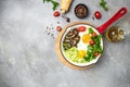 Breakfast skillet pan of fried egg, avocado and mushrooms. Ketogenic diet. Low carb high fat breakfast. Healthy food concept. Royalty Free Stock Photo