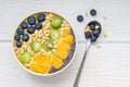 Breakfast smoothie bowl with matcha green tea, kiwi and banana