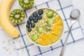 Breakfast smoothie bowl with matcha green tea, kiwi and banana Royalty Free Stock Photo