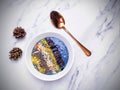 Breakfast smoothie bowl with nuts and fruits Royalty Free Stock Photo