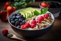 Breakfast smoothie bowl with raspberries, blackberries, blueberries, avocado, nuts and cereal, close up. Generative AI