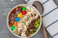 Breakfast smoothie bowl topped with chocolate Royalty Free Stock Photo