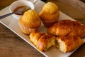 Breakfast or snack with croissant muffins waffles and coffee Royalty Free Stock Photo