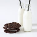 Breakfast of some cookies and two bottles of milk Royalty Free Stock Photo